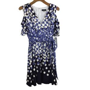 TAHARI Womens Dotted Cold Shoulder Cap Sleeve Faux Wrap Dress Blue White 14